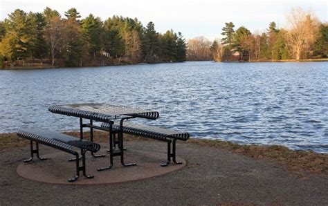 Picnic Table On Park Lakes Blue Water Stock Photo Image Of Horse