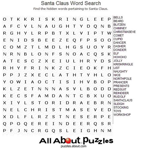 Santa Claus Word Search Free Printable Crossword Puzzles Holiday