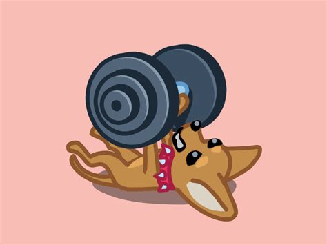A Dog Laying On Its Back With Two Dumbbells