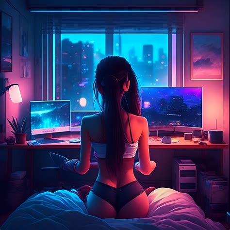 Artstation Hot E Girl Streaming Lewd Ai Generated X2 Glowing Night Setup 1