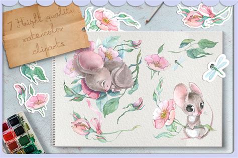 Cute Watercolor Mouse Clipart Set Clip Art Digital Graphic Design