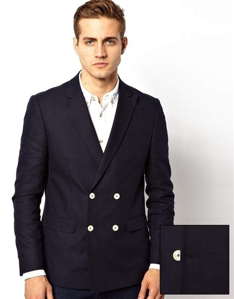 Asos Slim Fit Double Breasted Blazer With White Buttons Navy