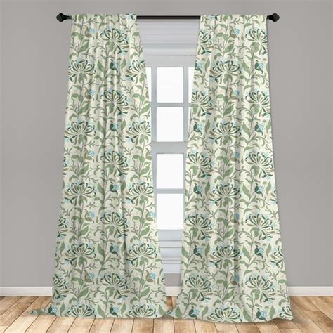 Green Curtains 2 Panels Set Pastel Colored Floral Ornaments Soft