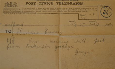March 17th 1915 Telegram From George Sladden To His Parents Sladden