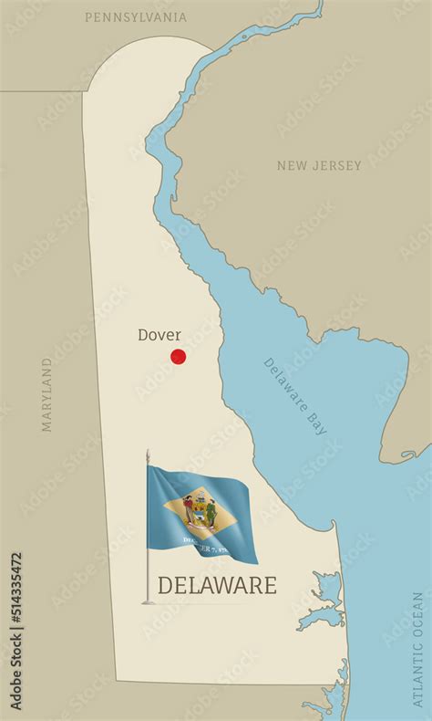 Map Of Delaware Federal State With Waving Flag Highly Detailed