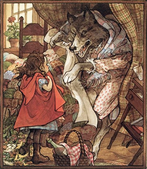 Little Red Riding Hood Being Trapped And About To Get Eat Up By The Big Bad Wolf Illustrated By