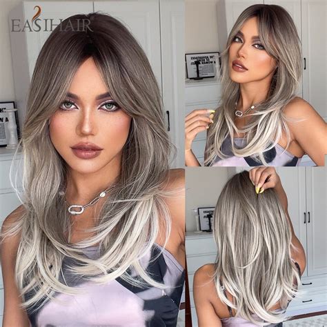 easihair ombre brown blonde layered synthetic wigs with bang long straight gray ash hair wig for