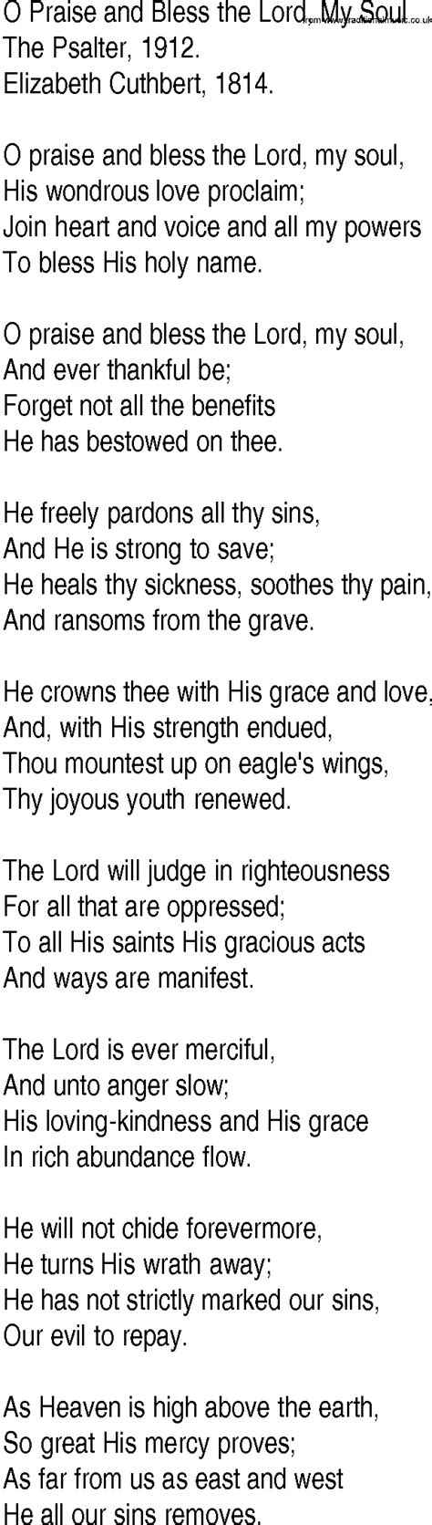 Hymn And Gospel Song Lyrics For O Praise And Bless The Lord My Soul By