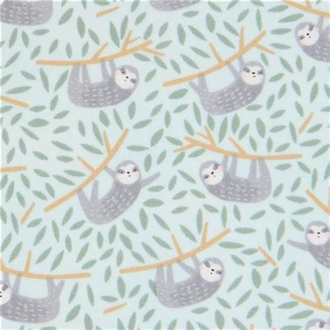 Mint Small Grey Sloths With Leaves Fabric By Dear Stella Modes4u