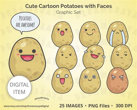 Kawaii Potato Clip Art Cute Potatoes Emoticon Cartoon Food With Faces Fun Smiley Graphic Set