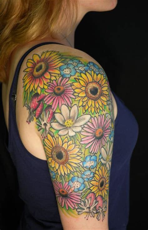 Bright And Colorful Sunflower And Daisy Half Sleeve Tattoo