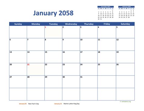 January 2058 Calendar Classic