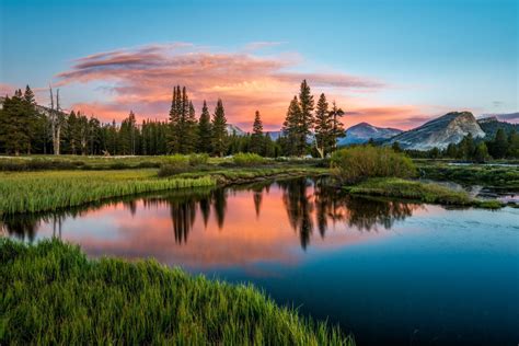 Landscape Nature Sunset River Forest Mountain Water Clouds Grass Blue Green Pink