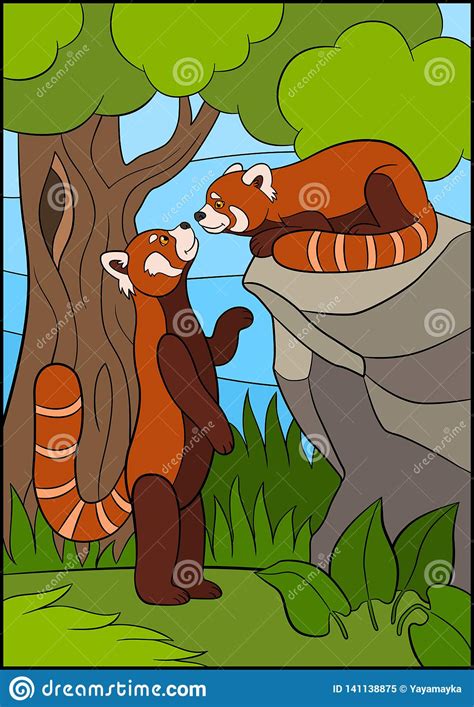 Cartoon Wild Animals Two Little Cute Red Pandas Stock Vector