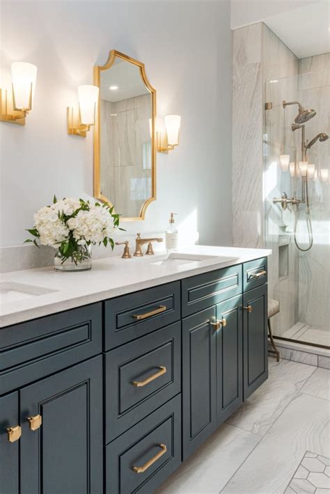 Transitional Master Bathrooms With Blue Cabinets Ideas