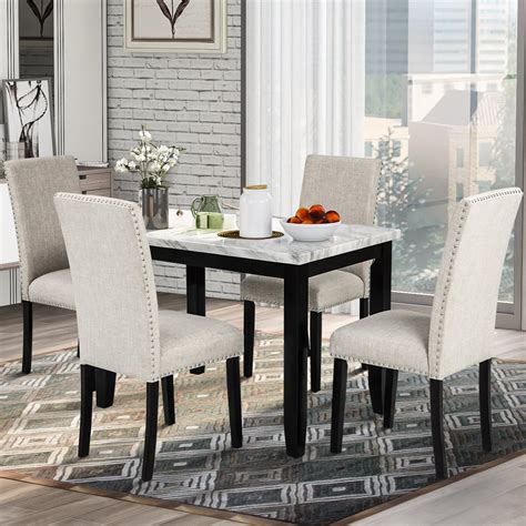 5 Piece Kitchen Table Faux Marble Dining Set For 4 With Chairs For