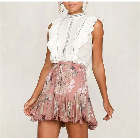 Womens Ruffle Pleated Floral Short Boho Skirt Female High Waist Chiffo
