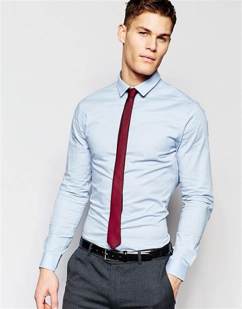 Asos Asos Skinny Shirt In Light Blue With Burgundy Tie Pack Save 15