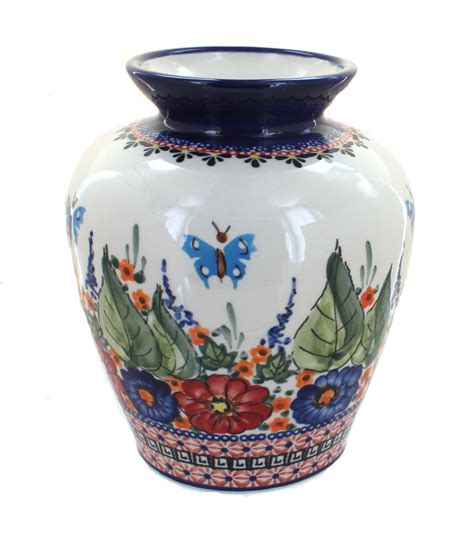 Blue Rose Polish Pottery Floral Butterfly Medium Vase