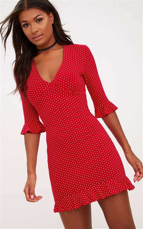 red polka dot frill hem shift dress dresses prettylittlething aus