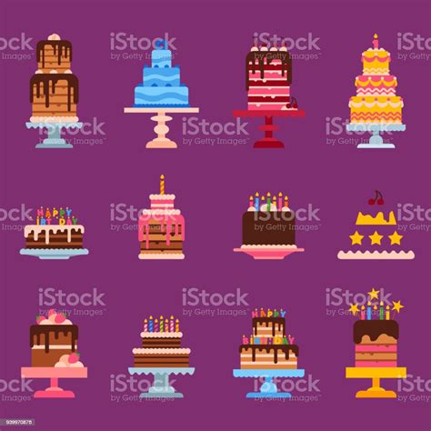 Wedding Or Birthday Pie Cakes Flat Sweets Dessert Bakery Ceremony Delicious Vector Illustration