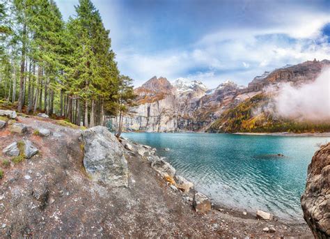 Incredible Autumn View Of Oeschinensee Lake Stock Image Image Of