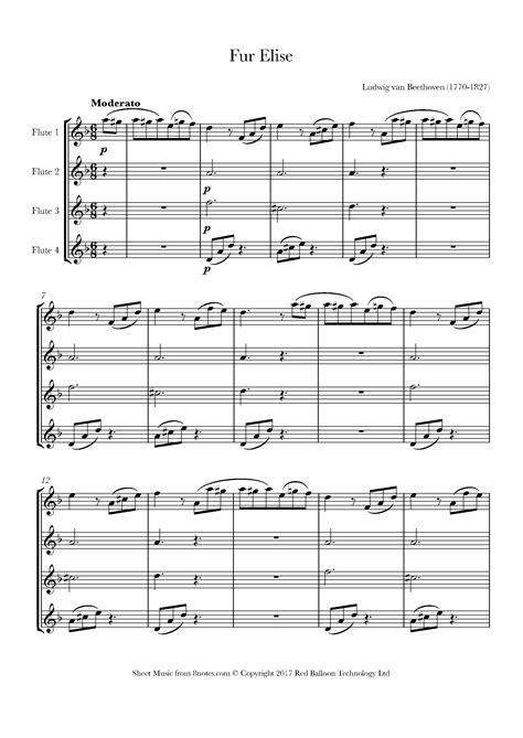 Beethoven Fur Elise Sheet Music For Flute Quartet