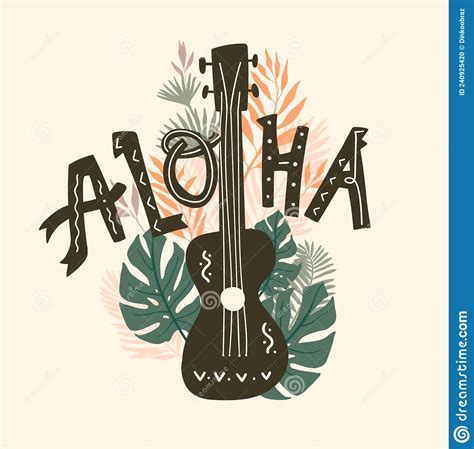Aloha Beautiful Poster With Ukulele Palm Tropical Leaves And Ornate Hand Lettering Stock