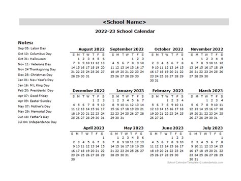 2022 Yearly School Aug Jul Calendar With Holidays Free Printable