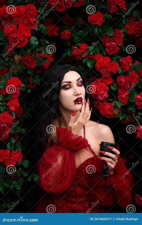 Vampire Girl On A Background Of Red Roses Stock Image Image Of Design