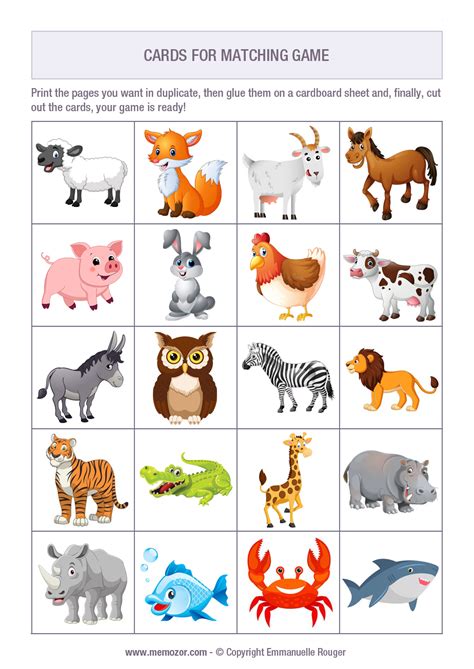 Printable Matching Game Animals Cards Free Memozor