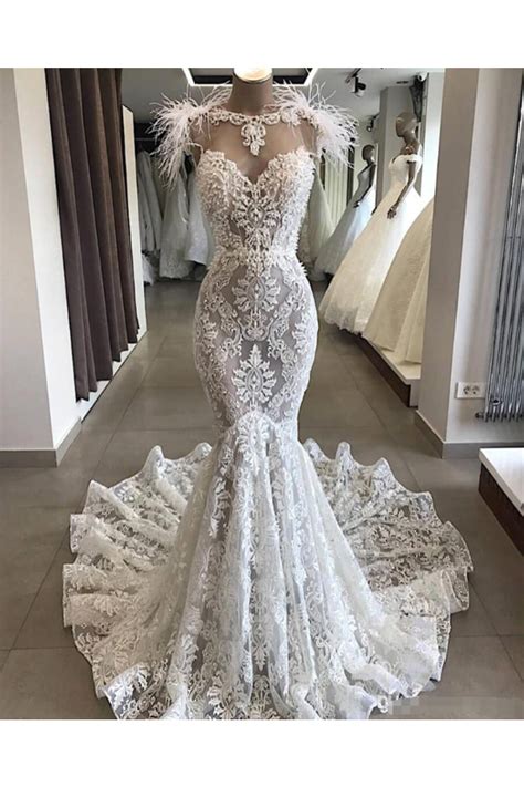 wedding dress with feathers white lace wedding dress lace mermaid wedding dress long wedding