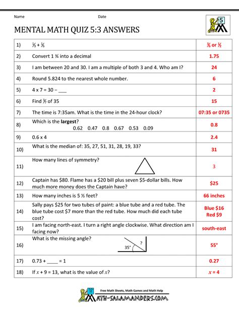 Maths gk questions and answers. Mental Math 5th Grade