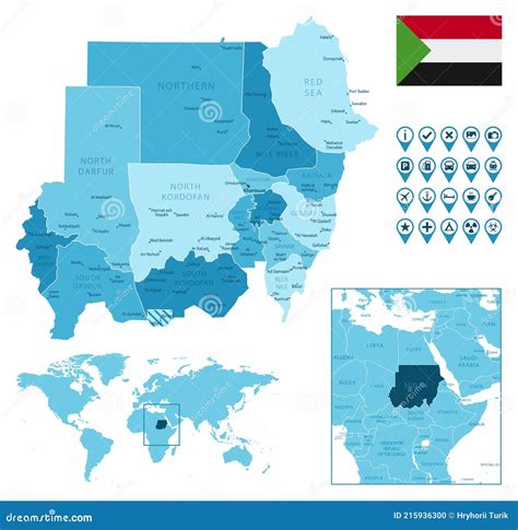 Sudan Detailed Administrative Blue Map With Country Flag And Location