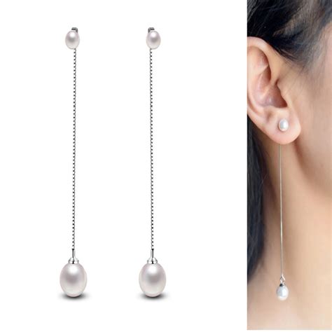 925 Sterling Silver Simulated Pearl Pendant Long Chain Long Earrings