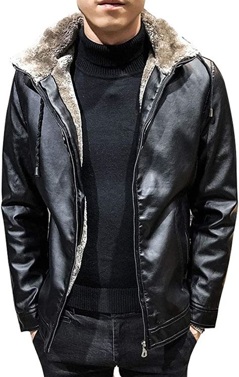 Winter Mens Leather Jacket Lapel Hooded Classic Zipper With Thickness