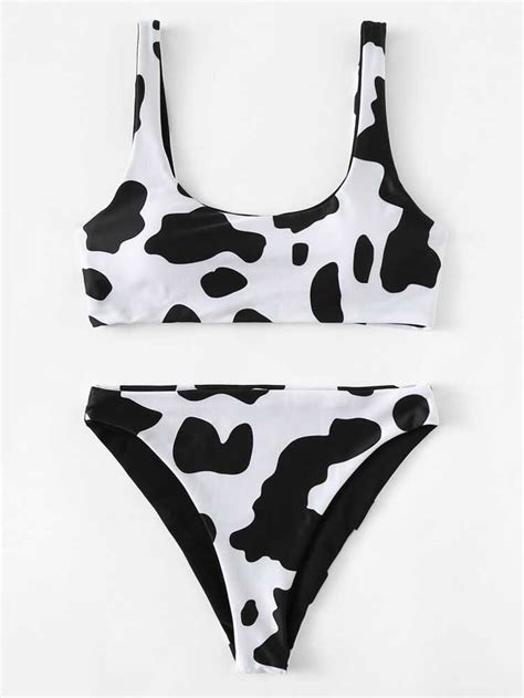 Cow Pattern Top With High Leg Bikini Set Shein Usa Bikinis Women