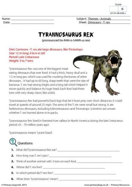 dinosaur reading worksheet