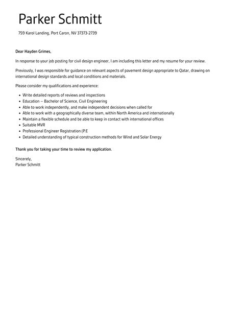 Civil Design Engineer Cover Letter | Velvet Jobs
