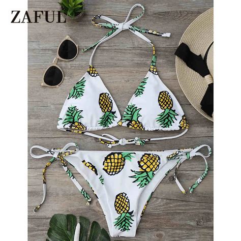Zaful Women New Pineapple String Bikini Set Sexy Mid Waisted Print