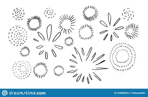 Set Of Doodle Starburst Isolated On White Background Hand Drawn From