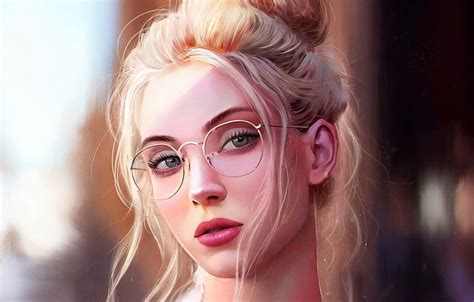 Girl Art Blue Eyes Bokeh Lips Face Blonde Digital Art Glasses