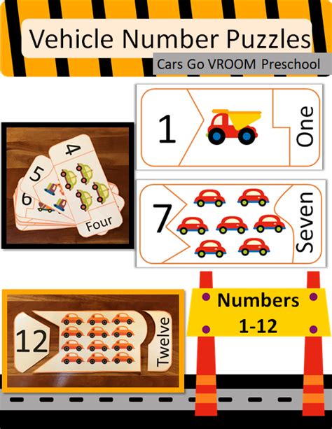 Vehicle Number Puzzles Numbers 1 12 Cars Go Vroom Preschool