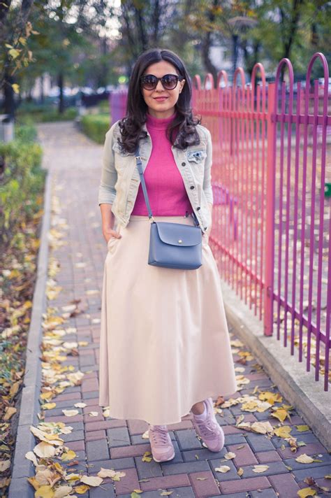 Pastels For Fall Nude Midi Skirt Soft Pink Sneakers Pink Top Jeans