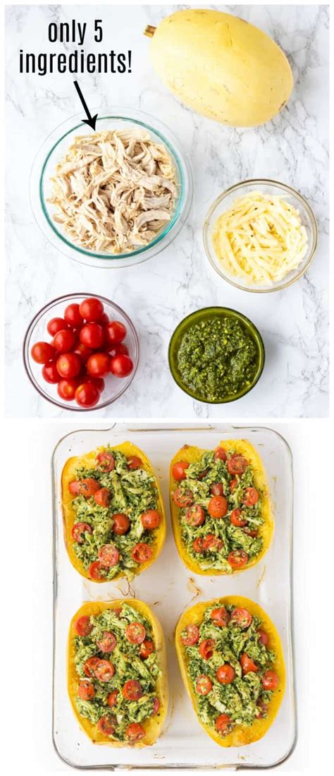 Easy Pesto Chicken Stuffed Spaghetti Squash Haute And Healthy Living