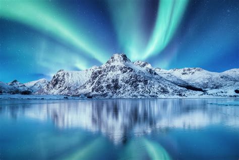 Aurora Borealis Lofoten Islands Norway Nothen Light And Reflection