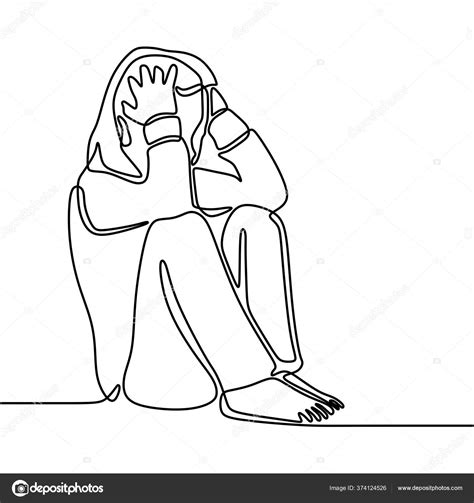 Continuous Line Drawing Exhausted Sad Young Woman Covering His Face