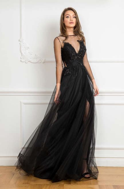 Cristallini Sheer Long Sleeve Beaded A Line Evening Gown Modesens