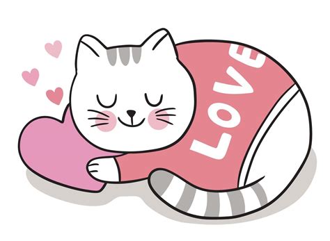 Hand Draw Cartoon Cute Valentine Day Sleepy Cat On Heart Vector 2060747 Vector Art At Vecteezy