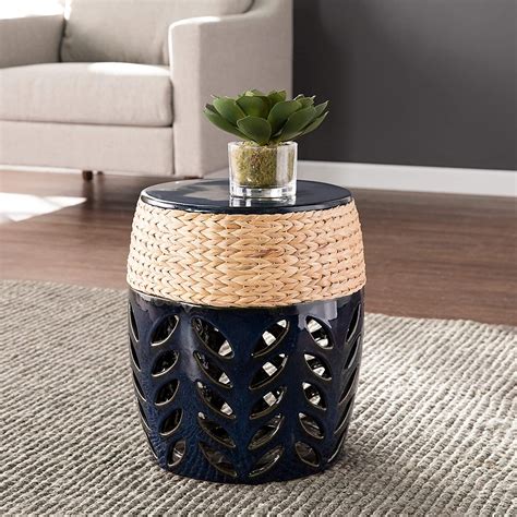 Coastal Blue Ceramic Accent Table Natural Round Glossy
